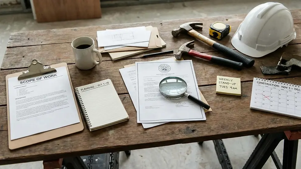 Wooden desk with clipboard labeled "Scope of Work," notepad, magnifying glass, tools, hard hat, coffee cup, and calendar marked for meetings.