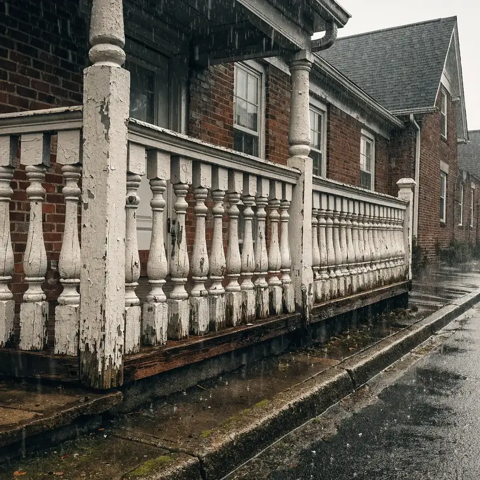 Weathered white porch railing with peeling paint on a rainy day. Brick building in the background, creating a moody, rustic scene.
