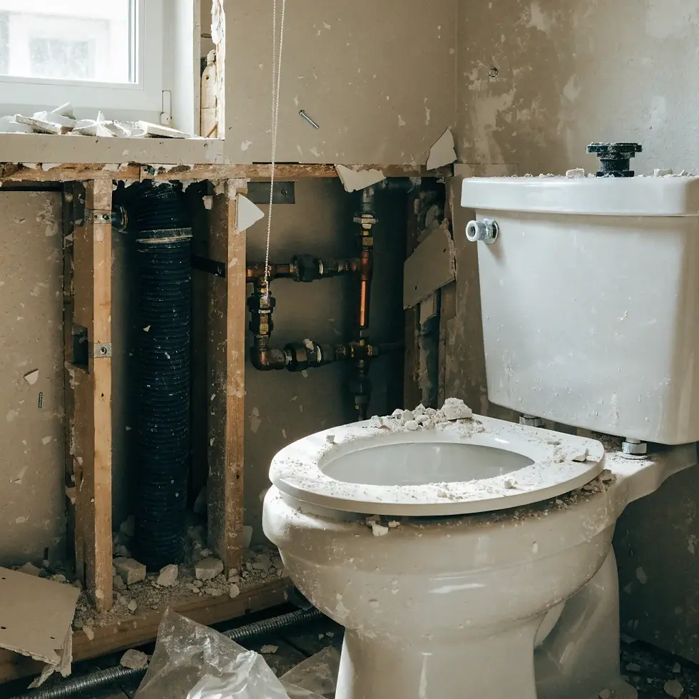 Toilet with debris on lid in a partially demolished bathroom. Exposed pipes and broken wall tiles create a chaotic, unfinished look.