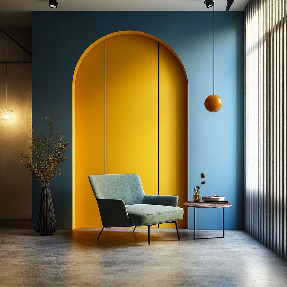Blue armchair in a modern room with a yellow arched wall, blue walls, and a sphere light. A small table holds a vase and books. Bright and cozy.