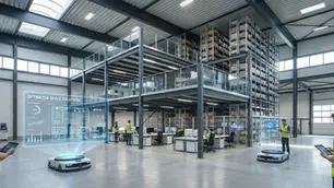 Industrial studio with mezzanine stacks of boxes, people working at a table below, and photography equipment set up. Bright, spacious atmosphere.
