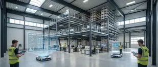 Industrial studio with mezzanine stacks of boxes, people working at a table below, and photography equipment set up. Bright, spacious atmosphere.