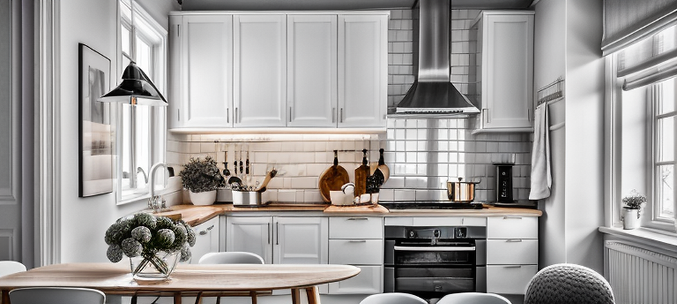 Modern kitchen with white cabinets, stainless steel range hood, and wooden countertops. A vase of green flowers is on a wooden table. Bright and tidy.