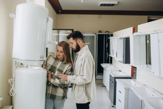 A couple in a showroom inspects white water heaters. The woman points at a heater, while the man observes. They appear focused.