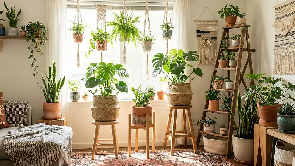 Cozy room with various plants on stools and a ladder shelf. Sunlight streams through a window, highlighting green leaves. Earthy tones abound.