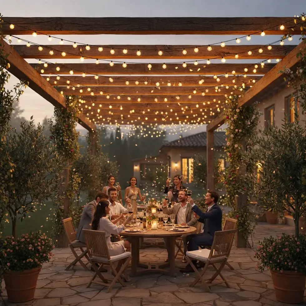 People dining outdoors under string lights, toasting at a round table. Warm, festive atmosphere with rustic decor and blooming plants.