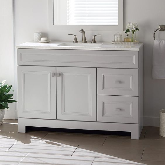 White Vanity with Gray Accents: Gray and White Bathroom Design