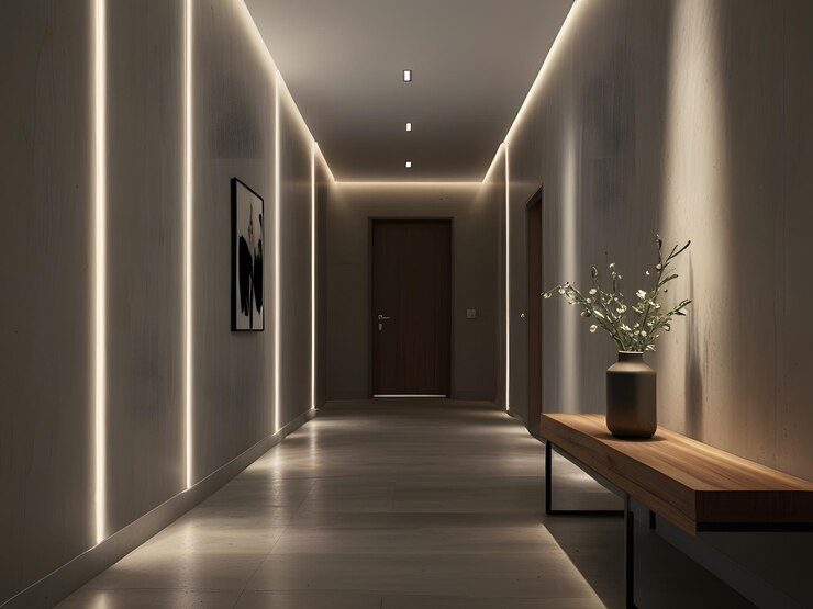 Modern hallway with soft lighting, light wood walls, a framed abstract painting, and a wooden console with a vase of flowers. Calm ambiance.