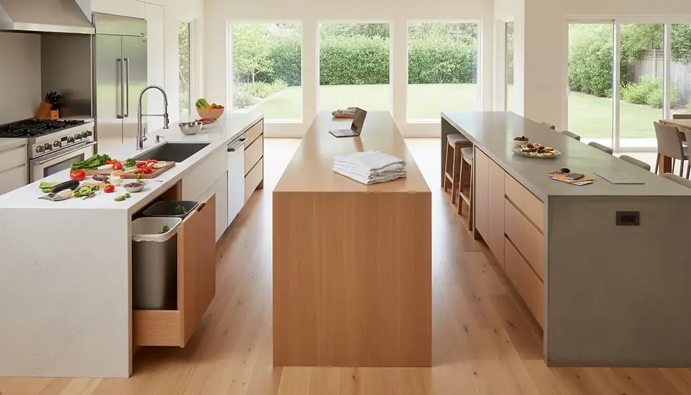 Modern kitchen with two islands; one with fresh vegetables, knife, and sink, the other with laptop and folded towels. Bright, window-lit space.