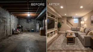 Split image of a basement renovation. Left: cluttered, unfinished basement. Right: cozy, furnished living room with gray sofa, TV, and decor.
