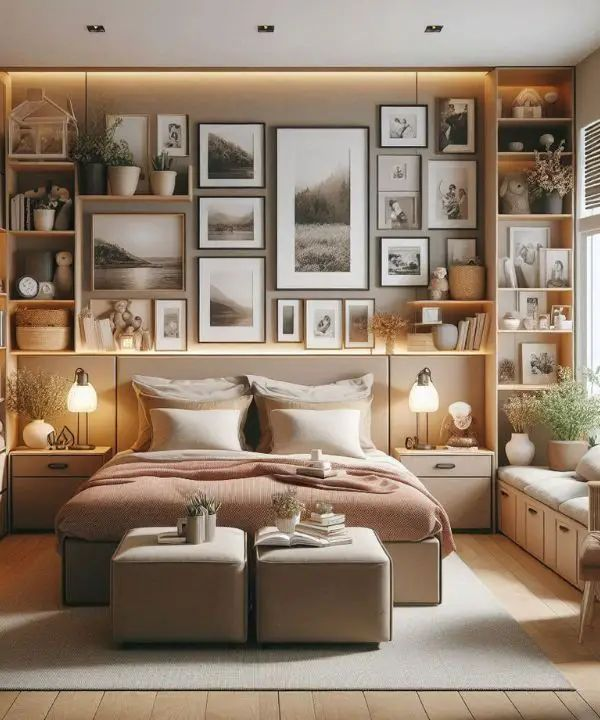 Cozy bedroom with a bed, pink blanket, and wall art. Soft lighting, shelves with decor, and plants create a warm, inviting atmosphere.
