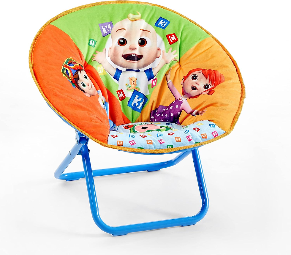 Colorful kids' chair with cartoon characters on orange, green, and blue fabric. Happy expressions, playful alphabet blocks pattern.