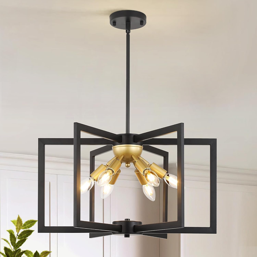 Modern chandelier with geometric black frames and gold light fixtures, hanging in a bright room with white walls and a plant.