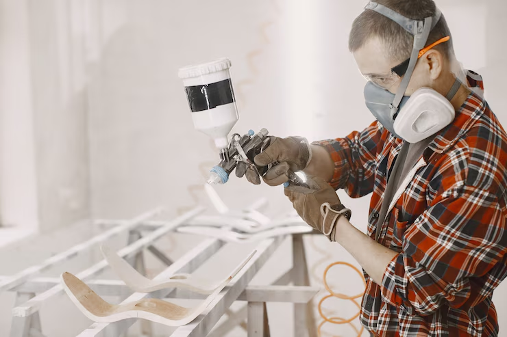 Person in plaid shirt and respirator spray painting wooden furniture frame in workshop. Tools and neutral background visible.