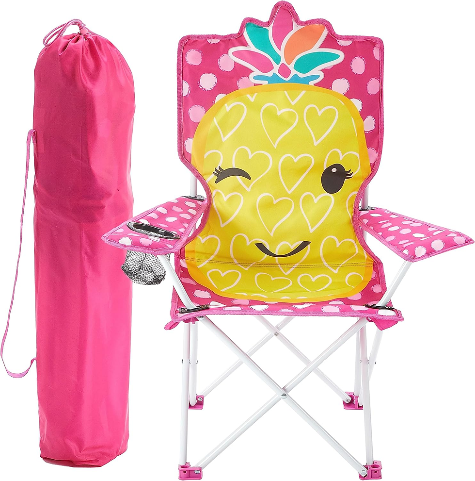 Pink polka-dot kids chair with a smiling pineapple design. Includes a matching pink carry bag. Bright, playful vibe.