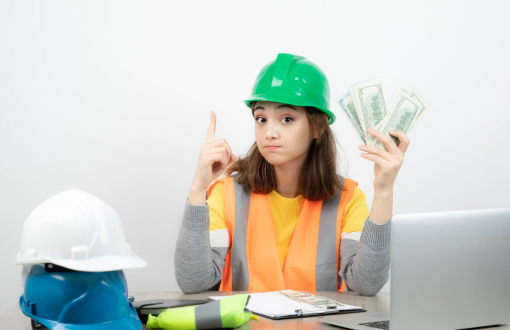 Woman in a green hard hat and orange vest holds cash in one hand, raising a finger. Background shows hard hats, notebook, and laptop.