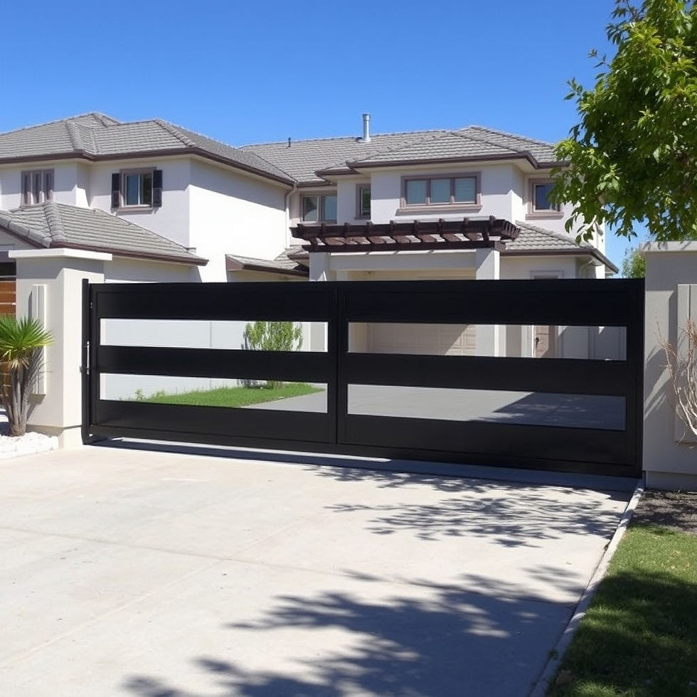 Modern house with a beige exterior and tiled roof behind a sleek black gate on a sunny day. Green trees and driveway in the foreground.