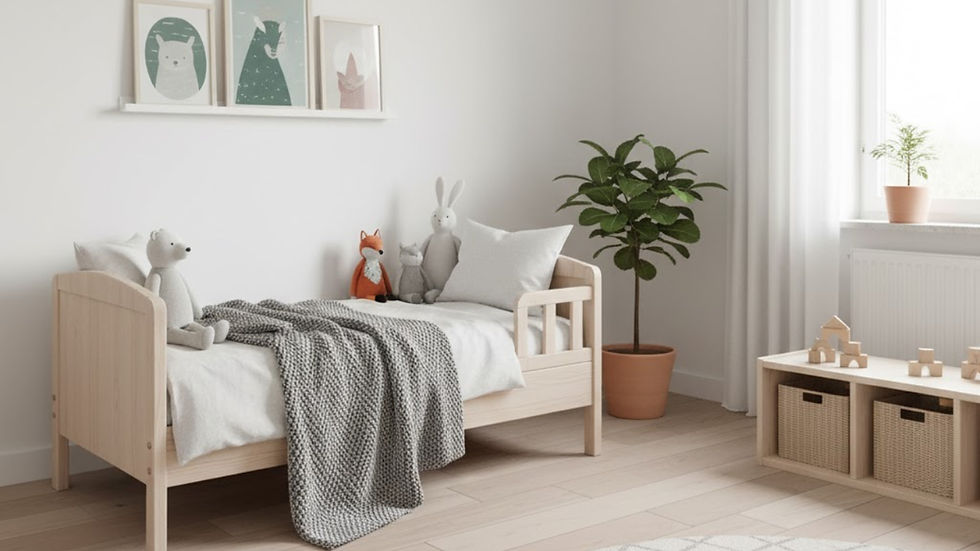 Cozy kid's room with a wooden bed, plush toys, gray blanket, framed animal prints, potted plants, a window, and wooden storage with boxes.