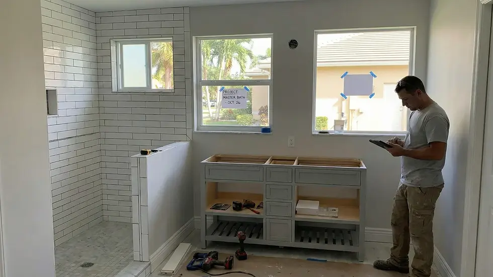 Man takes notes on a clipboard in a partially renovated bathroom with tiled walls. Cabinets and tools are visible. Note reads "Project: Master Bath - Oct 26".