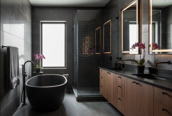Modern bathroom with dark gray tiles, a black freestanding tub, glass shower, and wooden cabinets. Purple orchids add color near mirrors.
