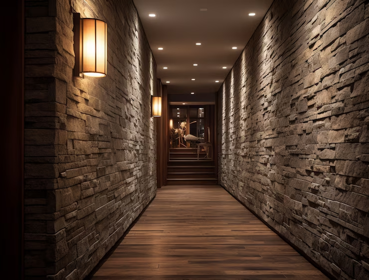 Dimly lit stone hallway with wooden floorboards, leading to a cozy room. Warm wall lights create an inviting ambiance.