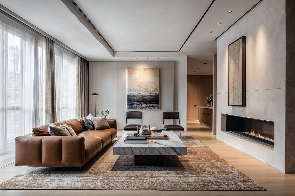 Modern living room with a brown leather sofa, marble coffee table, and wall art. Large windows and a sleek fireplace create a cozy ambiance.