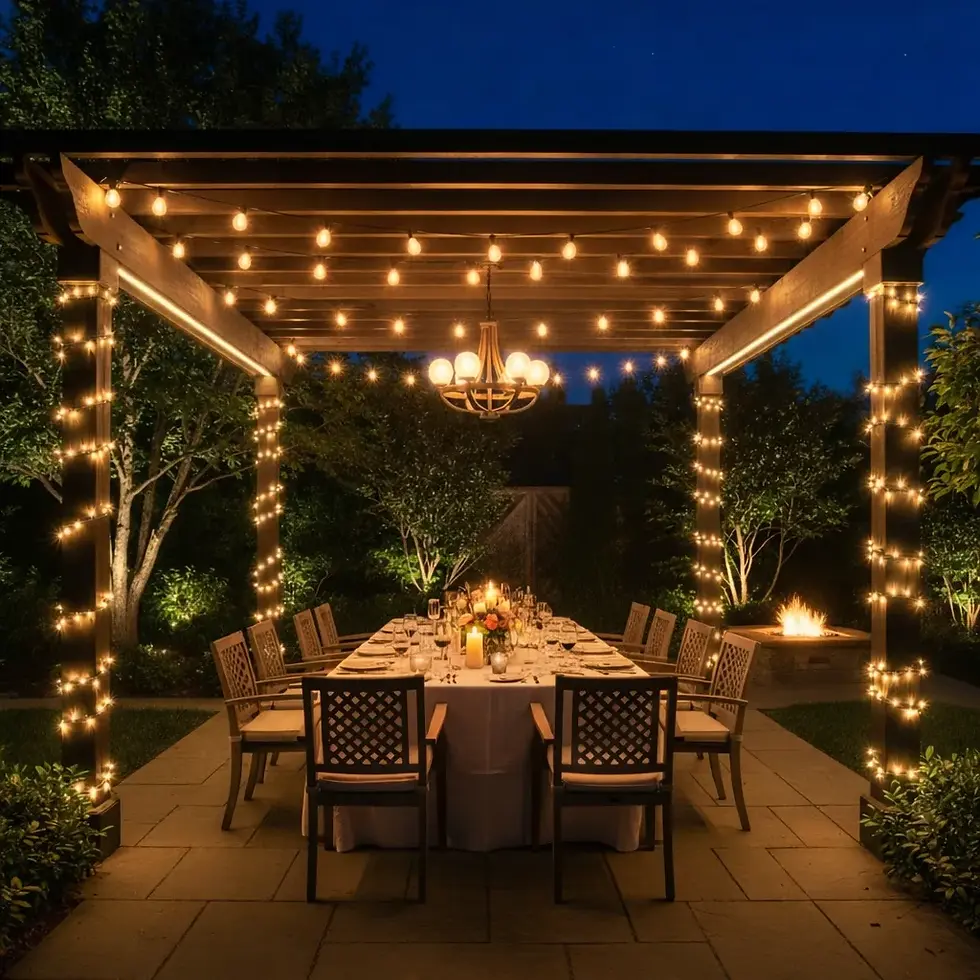 Outdoor dining setup under string lights on a pergola, with a table set for a meal. A cozy fire pit glows in the background.