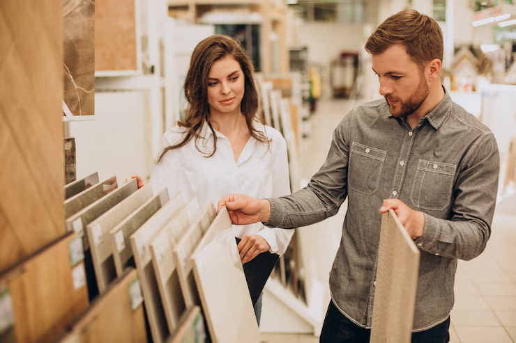 A man and woman examine tile samples in a store. The man holds a tile, and the woman observes. Bright, well-lit setting, neutral tones.