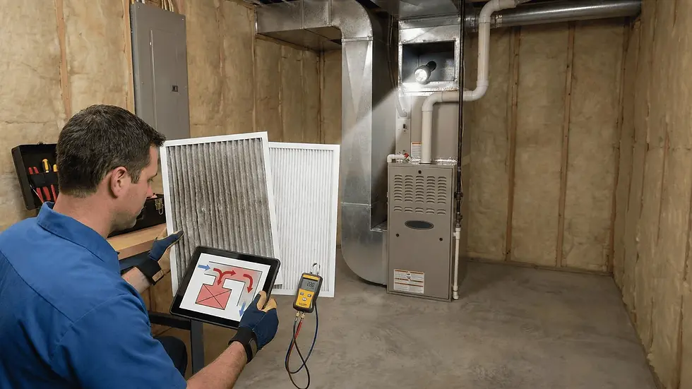 A technician in blue examines a dirty air filter and a tablet in a basement with an HVAC unit. Insulation lines the walls; tools are visible.