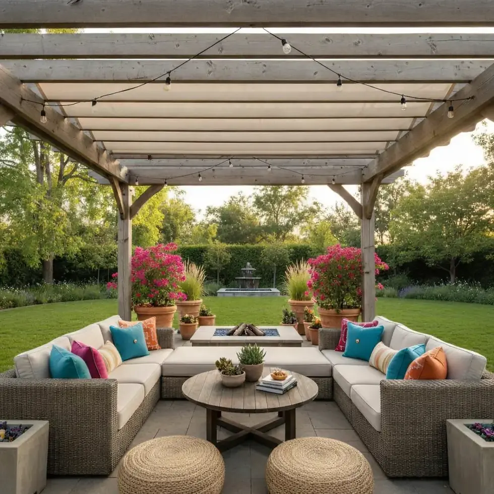 Patio with wicker sofas, colorful cushions, round table, and plants under a wooden pergola. Garden with fountain in background. Relaxing vibe.