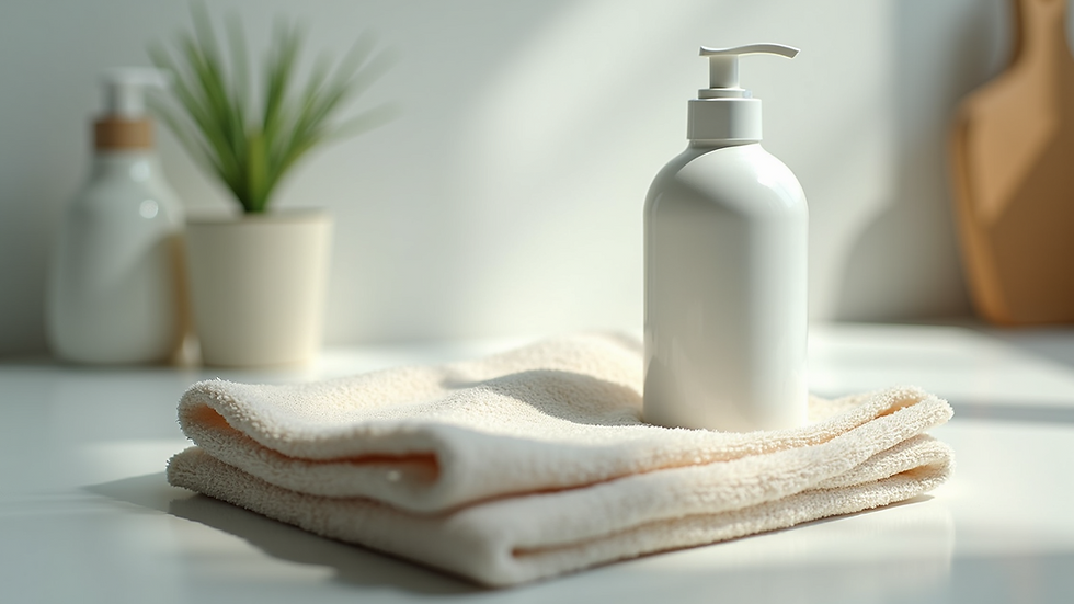 Close-up view of soft microfiber cloth and detergent bottle
