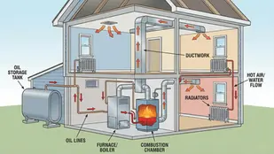 Cross-section of a house showing oil heating system; tank, furnace, ducts, radiators; arrows indicate hot air flow; labels throughout.