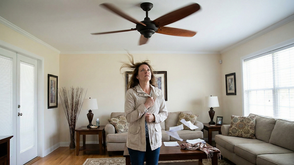 Woman stands in living room, hair blown by a ceiling fan. Papers scatter from a coffee table. Neutral decor, bright window light.