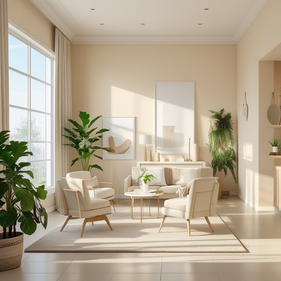 Bright living room with beige walls, light furniture, green plants, large window, and abstract art. Sunlight creates a serene mood.