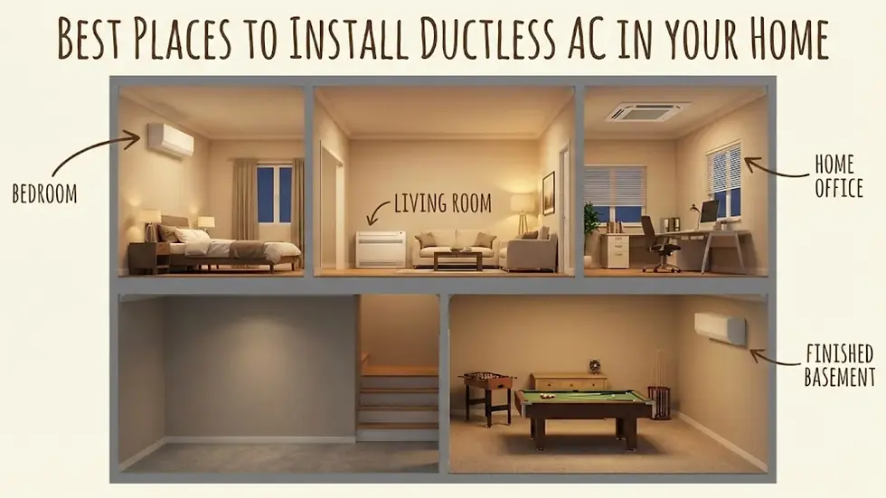 Cutaway showing ideal ductless AC installation spots: bedroom, living room, home office, finished basement. Warm lighting, cozy setup.