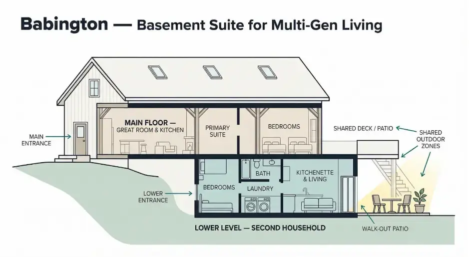Cross-section of a two-level house labeled "Babington." Main floor has a great room, kitchen, primary suite. Lower level has bedrooms, bath, kitchenette.