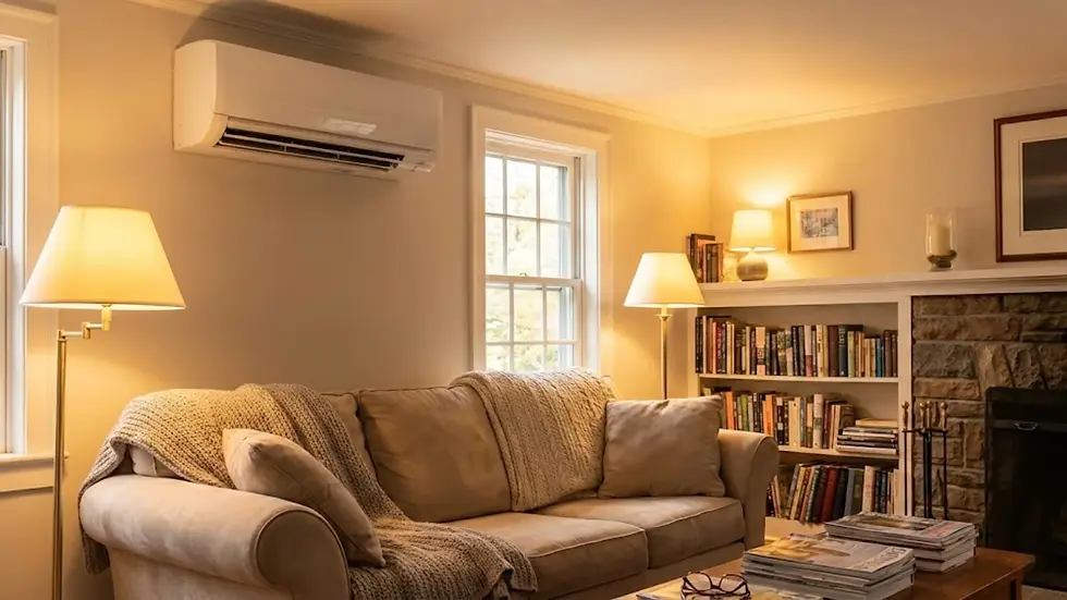 Cozy living room with a beige couch, blanket, and pillows. Bookshelves, lamps, and a fireplace create a warm, inviting atmosphere.