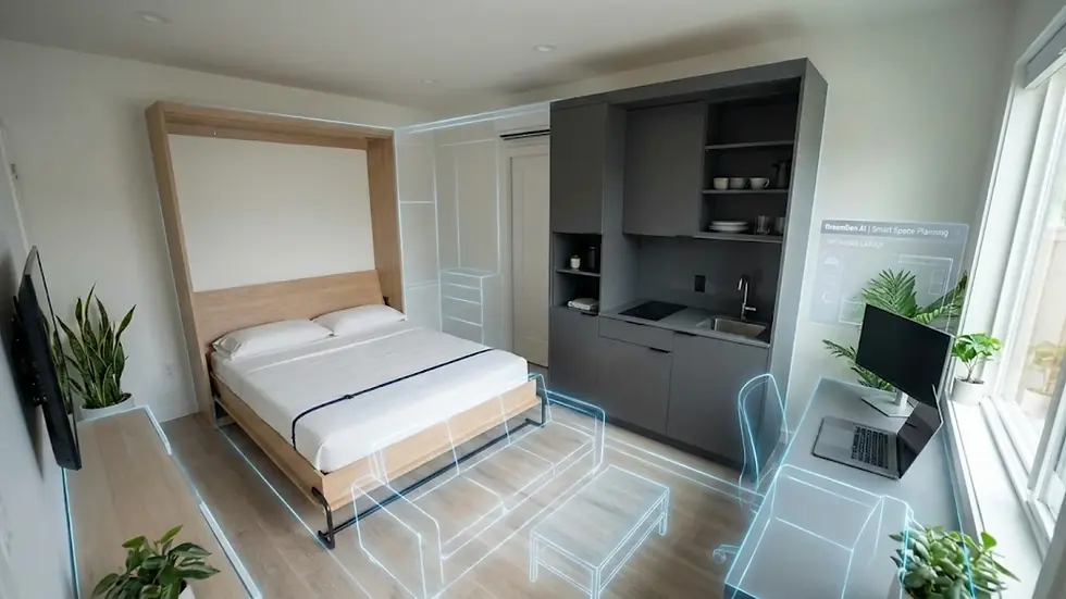 Room with a bed, kitchenette, and desk. Holographic outlines of furniture suggest layout. Text reads "DreamDen AI | Smart Space Planning."