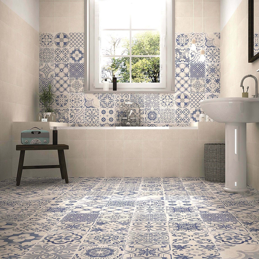 Patterned Floor Tiles: Gray and White Bathroom Design