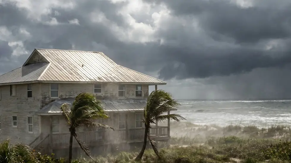 Stormy scene with a wooden house by the sea, palm trees bent in strong wind, waves crashing, and dark ominous clouds overhead.