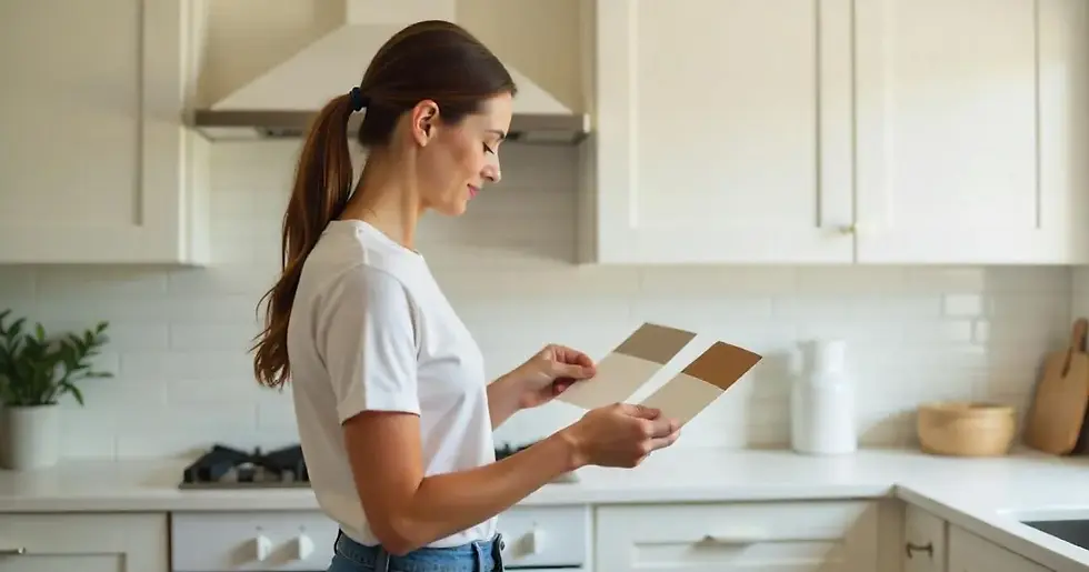 A homeowner selecting wall paint colors with white kitchen cabinets, comparing swatches in natural light.
