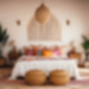 Boho bedroom with colorful pillows on a bed, wicker ottomans, hanging lamp, plants, and arched wall art. Warm, cozy vibe.