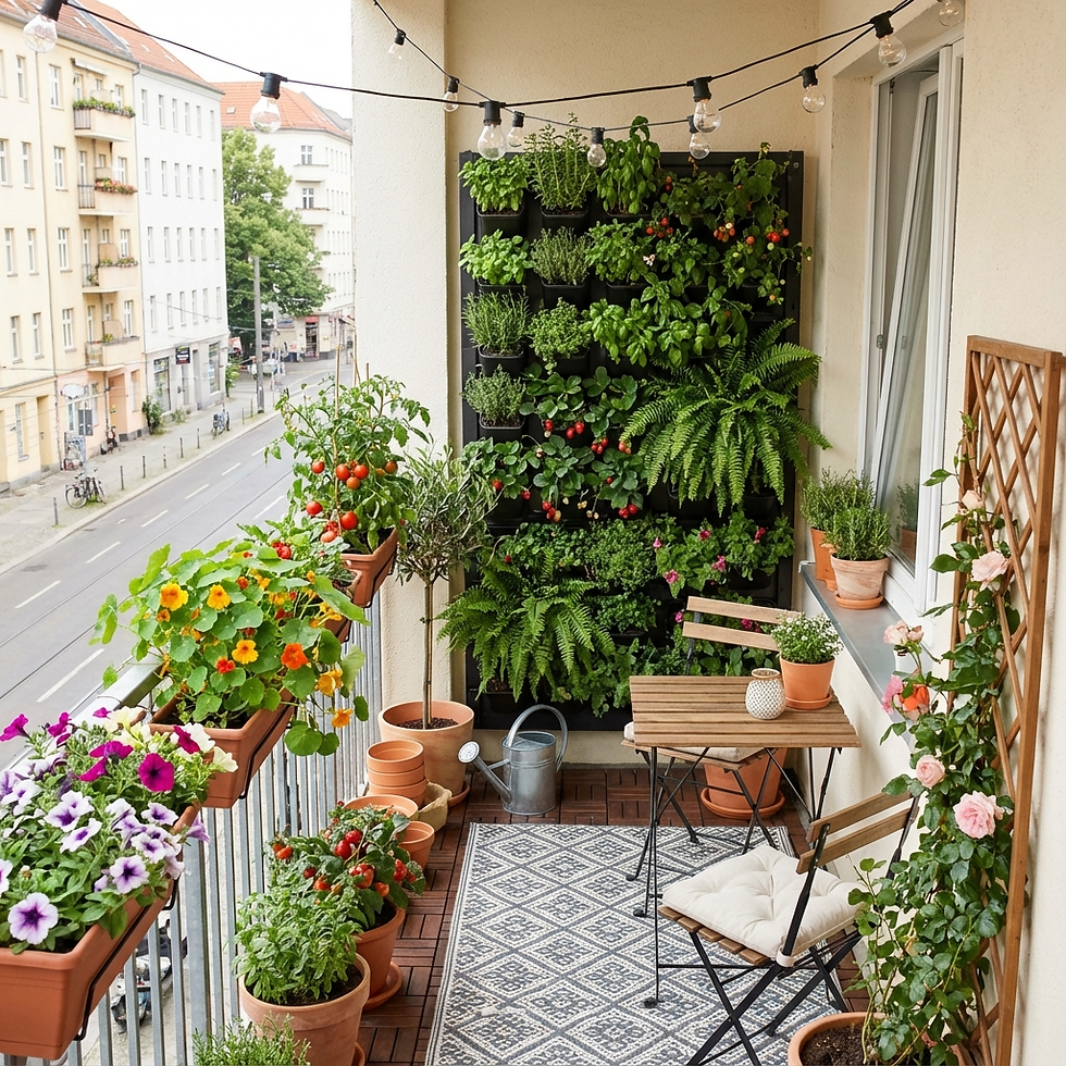 Lush balcony garden with potted flowers and a vertical plant wall. A small table and chairs sit atop a patterned rug. Urban street view.