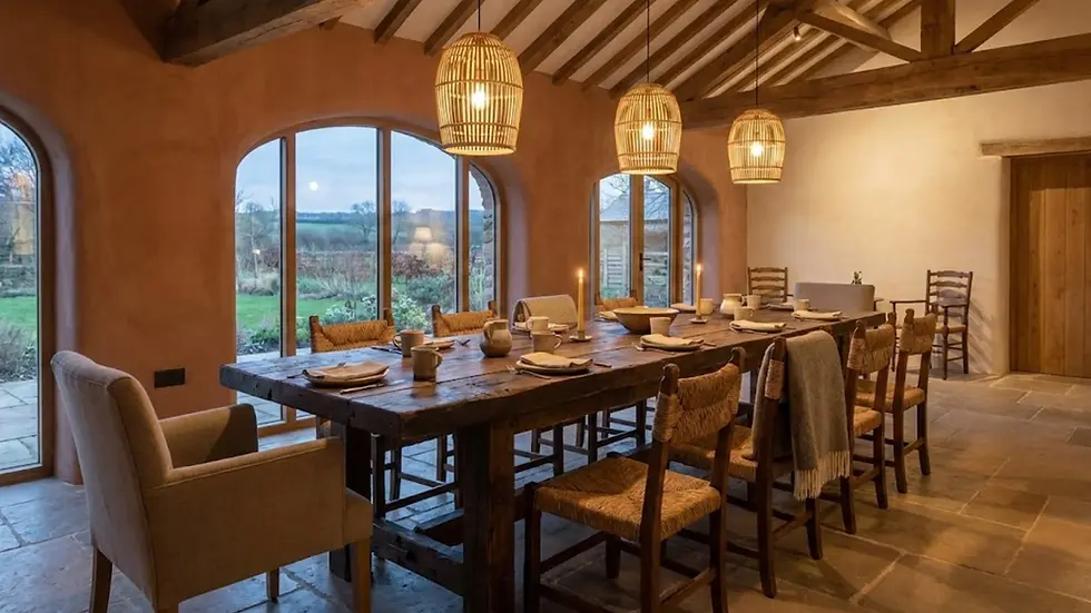Cozy dining room with a rustic wooden table set for a meal, lit by warm woven pendant lights. Large windows reveal a scenic landscape.