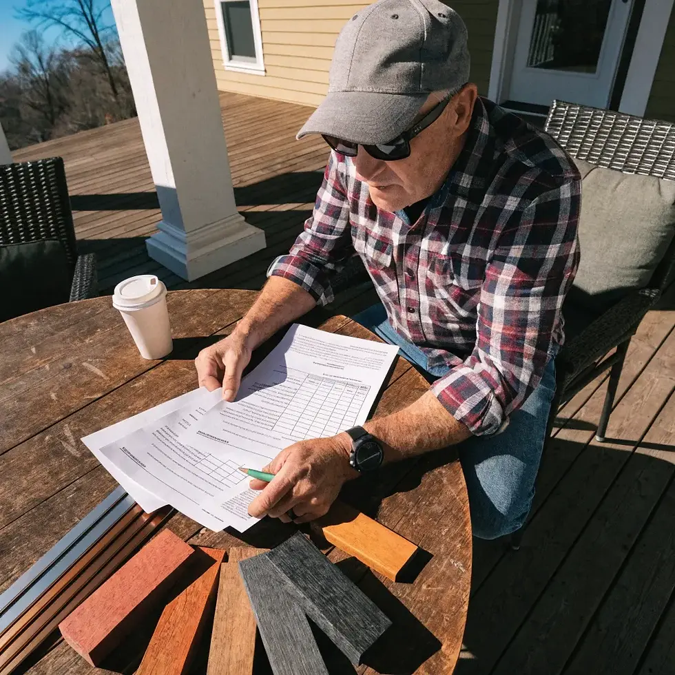 Man in a plaid shirt and cap reviews documents at a wooden table outside. Color swatches and coffee cup are on the table. Sunny day.