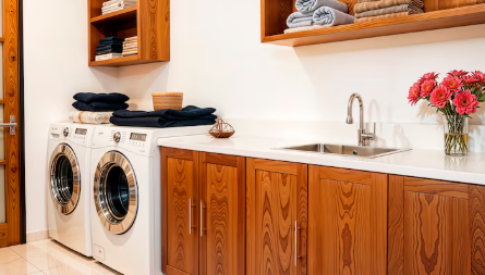 Laundry room with wooden cabinets, washer, dryer, and a sink. Towels and flowers add color. Neat and organized atmosphere.