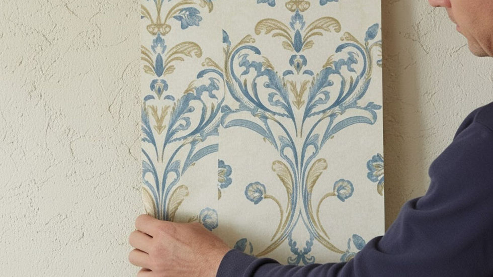 Person applying floral wallpaper with blue and gold patterns to a textured beige wall, focusing on alignment and precision.