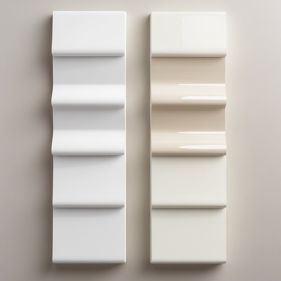Two ceramic tiles with wavy textures hang side by side; one white, one beige, against a neutral wall, showcasing minimalist design.