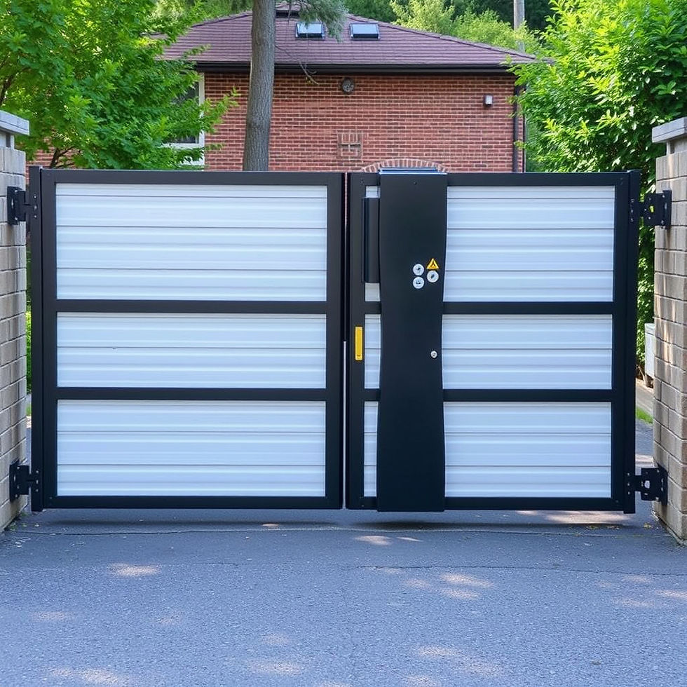 Modern black and white gate with security keypad set in a leafy residential area, brick house in background, sunny day.