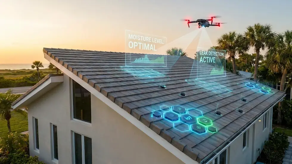 Drone inspecting a roof at sunset with graphics showing "Moisture Level: Optimal" and "Leak Detection: Active." Palm trees in the background.